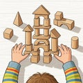 A child with a striped sweater is assembling a complex structure using wooden building blocks. The Royalty Free Stock Photo