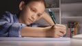 Child Studying in Night, Kid Writing in Dark Student Learning Evening Schoolgirl Royalty Free Stock Photo