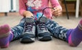 Shoeless child ties shoes - closeup on feet and hands Royalty Free Stock Photo