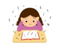 Child suffering with dyslexia and dyscalculia is having difficulty in reading a book. Stressed girl doing hard homework