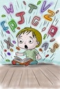 Child suffering with dyslexia is having difficulty in reading a book. Dyslexia disorder concept. Illustration