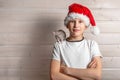 A child in a suit of Santa Claus holds a rat dumbo in his hands. Conceptual photo. Chinese New Year. Copy space. The rat is a