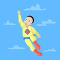 Child super-hero. Flies up the sky, it is dressed in bright suit. Vector character