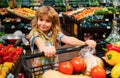 Child in supermarket buying fruit. Kid grocery shopping. Kid with cart choosing fresh vegetables in local store. Healthy Royalty Free Stock Photo