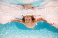 Child swim under water in sea. Kid swimming in pool underwater. Happy boy swims in sea underwater. Children in water Royalty Free Stock Photo