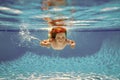 Child swim under water in sea. Kid swimming in pool underwater. Happy boy swims in sea underwater, active kid swimming Royalty Free Stock Photo