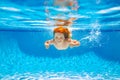 Child swim under water in sea. Kid swimming in pool underwater. Happy boy swims in sea underwater, active kid swimming Royalty Free Stock Photo