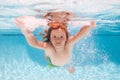 Child swim under water in sea. Kid swimming in pool underwater. Happy boy swims in sea underwater. Children in water Royalty Free Stock Photo