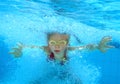 Child swim underwater in pool.