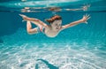 Child swim underwater in pool. Kid boy swimming and diving underwater in pool. Summer family summer vacation with Royalty Free Stock Photo