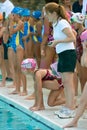 Child Swimmer In Relay Race Takes Ready Position