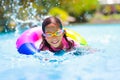 Child in swimming pool on toy ring. Kids swim Royalty Free Stock Photo