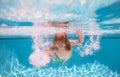 Child swimming underwater in swimming pool. Funny kids boy play and swim in the sea water. Active healthy lifestyle Royalty Free Stock Photo