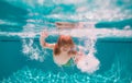 Child swimming underwater in swimming pool. Funny kids boy play and swim in the sea water. Active healthy lifestyle Royalty Free Stock Photo