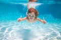 Child swimming underwater with thumbs up. Underwater kid swim under water. Child boy swimming and diving underwater in Royalty Free Stock Photo