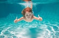 Child swimming underwater with thumbs up. Underwater kid swim under water. Child boy swimming and diving underwater in Royalty Free Stock Photo