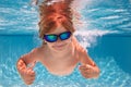 Child swimming underwater with thumbs up. Underwater kid swim in pool. Child boy swimming and diving underwater in pool Royalty Free Stock Photo