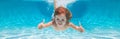 Child swimming underwater with thumbs up. Underwater kid swim under water. Child boy swimming and diving underwater in Royalty Free Stock Photo