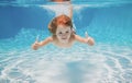 Child swimming underwater with thumbs up. Underwater kid swim under water. Child boy swimming and diving underwater in Royalty Free Stock Photo