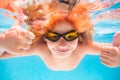 Child swimming underwater with thumbs up. Underwater kid swim under water. Child boy swimming and diving underwater in Royalty Free Stock Photo