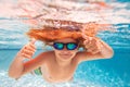 Child swimming underwater with thumbs up. Underwater kid swim under water. Child boy swimming and diving underwater in Royalty Free Stock Photo