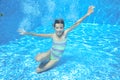 Child swims in pool underwater, happy active girl has fun under water, kid sport Royalty Free Stock Photo