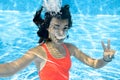 Child swims in swimming pool underwater, happy active teenager girl dives and has fun under water, kid fitness and sport Royalty Free Stock Photo