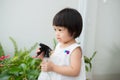 Child taking care of plants. Cute little girl watering first spring flowers Royalty Free Stock Photo