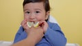 A child tastes a piece of lemon, wrinkles and makes a grimace