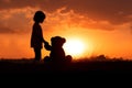 Child teddy bear sunset. Generate Ai Royalty Free Stock Photo