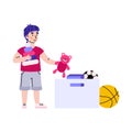 Child tidying up his toys himself, isolated vector cartoon illustration.