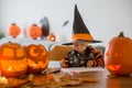 Child, toddler boy, drawing with pasteles pumpkin at home on Halloween Royalty Free Stock Photo