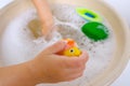 Child, toddler 3 years old plays with rubber yellow duck for swimming, child`s toy in soapy foam, close-up of hand, concept of Royalty Free Stock Photo