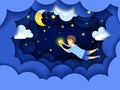 Child touching the stars in the sky. Kids dream vector illustration in paper art origami style. Paper cut design concept