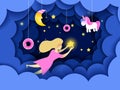 Child touching the stars in the sky. Kids dream vector illustration in paper art origami style. Paper cut design concept
