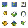 Child and Toy icon set include diapers, pampers, baby, child, shirt, clothes, kids, abacus, toy, lollipop, candy, saliva, eat,