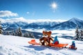 ?hild with toy teddy bear sits on a sled and looks at the winter snowy. Royalty Free Stock Photo