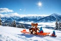 ?hild with toy teddy bear sits on a sled and looks at the winter snowy.