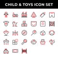 Child and toys icon set include robot,car,castle,clothes,carriage,kids,spinning,hanging toy,balloon,puzzle,rattle,game boy,baby,