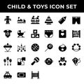 Child and toys icon set include robot,car,castle,clothes,carriage,kids,spinning,hanging toy,balloon,puzzle,rattle,game boy,baby,