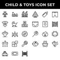 Child and toys icon set include robot,car,castle,clothes,carriage,kids,spinning,hanging toy,balloon,puzzle,rattle,game boy,baby,