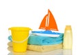 Child toys and towels ready for beach Royalty Free Stock Photo