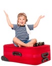 Child on Travel Suitcase, Kid in Pilot Hat Sitting on Luggage Royalty Free Stock Photo