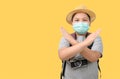 Child traveler wear surgical mask and show hand gesture to stop