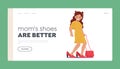 Child Trying on Moms Shoes Landing Page Template. Little Girl, Joyfully Trying On Her Mother Shoes Standing On Tiptoes
