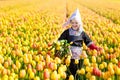 Child in tulip flower field. Windmill in Holland.