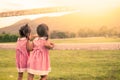 Child two little girls having fun to look animal in the farm Royalty Free Stock Photo