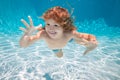 Child underwater. Funny face portrait of child boy swimming and diving underwater with fun in pool. Royalty Free Stock Photo