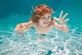 Child underwater. Funny face portrait of child boy swimming and diving underwater with fun in pool. Royalty Free Stock Photo
