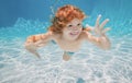 Child underwater. Funny face portrait of child boy swimming and diving underwater with fun in pool. Royalty Free Stock Photo